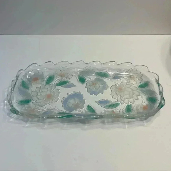 Crystal Clear Studios Blue N Pink Flowers Frosted Reverse Painted Large Dish - Picture 1 of 8